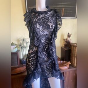Ladies gothic black lace tunic top or mini dress with train ruffled vamp eyelet